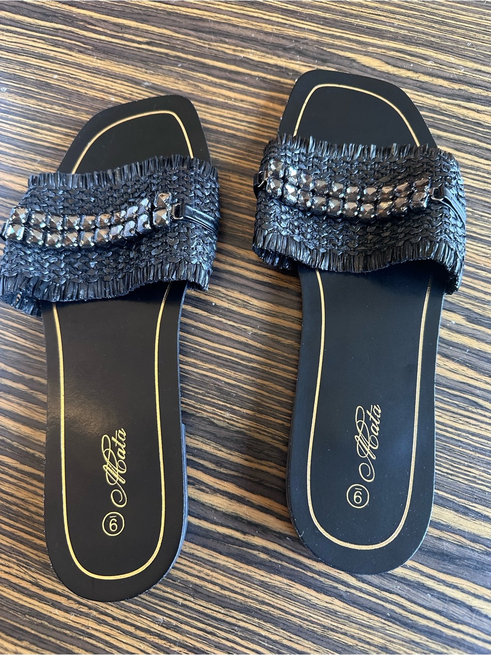 Black Beaded Raffia Slide Sandals w/ Beaded Accents - Women's - Size 9